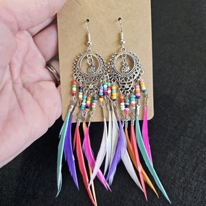 NWT Multi Color Boho Style Bead & Feather Tassels Dangle Earrings
